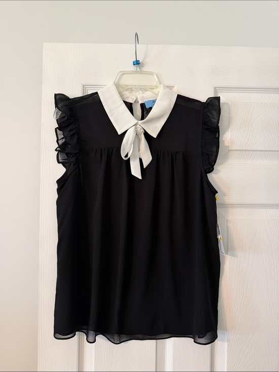 CeCe Tops - CeCe Black Sleeveless Blouse with White Tie Collar size M length 26” bust 36”